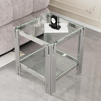 Goujxcy Modern Glass End Table Silver Sofa Side Table with Clear Glass Top and Mirror Stainless Steel Legs, Luxury Square Coffee Tea Table Bedside Tables for Living Room Bedroom, Silver