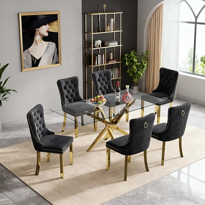 Goujxcy 51" Glass Dining Table Set for 6, Modern Kitchen Table and Chairs Set w/Steel Legs, 7-Piece Dining Table Set w/Glass Gold Dining Table and 6 Black Velvet Chairs for Kitchen Dining Room