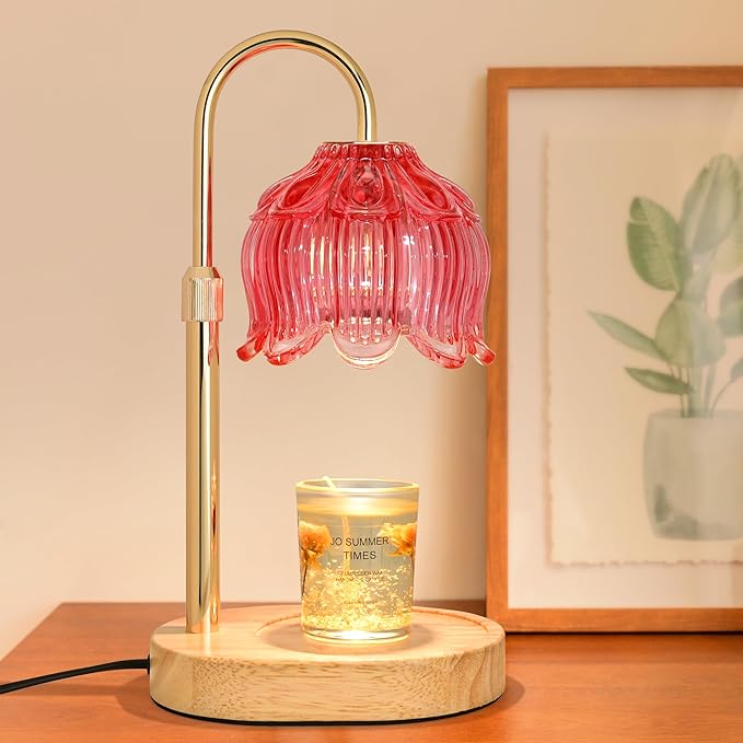 Candle Warmer lamp with Timer Dimmer,Electric Candle Warmer, Vintage Flower Lotus lamp,Compatible with Various Candles, Gifts for Mom Women,Candle Lamp for Bedroom Home Decor (Flower lamp-Red)