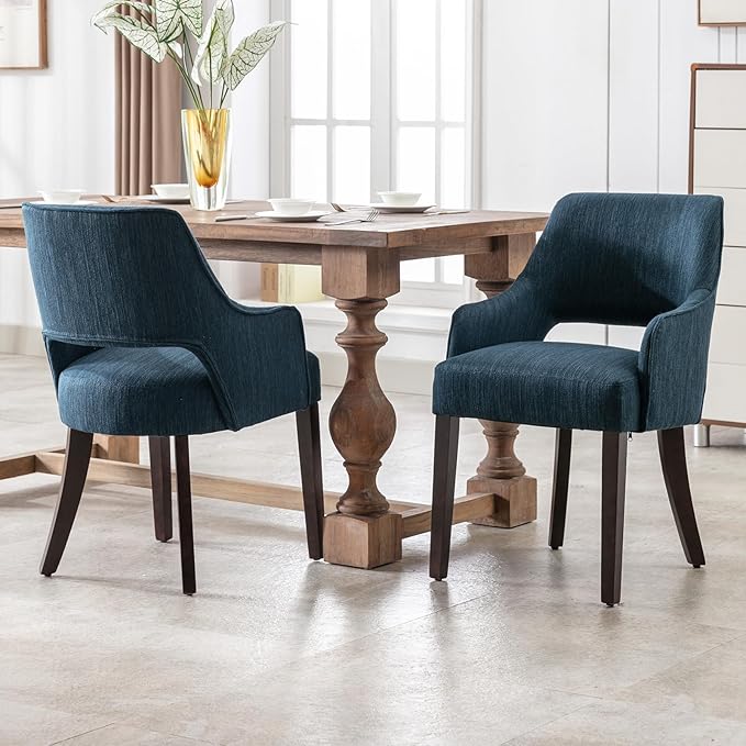 Linen Dining Chairs Set of 4 Upholstered Farmhouse Kitchen Chair Accent Chairs Side Chair with Wood Legs for Living Room/Dining Room/Bedroom/Restaurant, Blue
