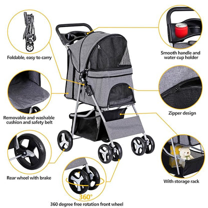 LEMY Pet Stroller, 4 Wheels Dog Cat Stroller with Storage Basket&Cup Holder,Grey Folding Dog Cat Cage Jogger Strollers for Small Medium Dogs Cats Travel