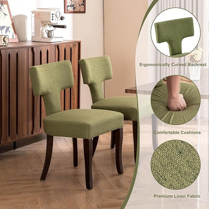 Mid Century Modern Dining Chairs Set of 4, Upholstered Side Dining Chairs with Curved Back Linen Fabric Armless Wood Chairs Kitchen & Dining Room Farmhouse Chairs (Green)