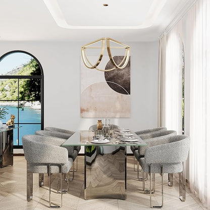Asday 78" Glass Dining Table, Silver Dining Room Table with Double Pedestal Mirrored Stainless Steel Base, Large Modern Rectangular Kitchen Table for 6-8