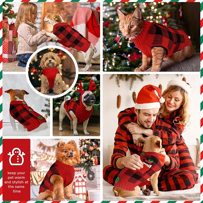PETCARE Dog Christmas Sweater V-Neck Warm Knitted Puppy Sweaters Vest Cute Red Plaid Snowman Xmas Clothes Outfit for Small Medium Large Dogs Cat Pet Pullover (Decorative Buttons. Can't Untie)