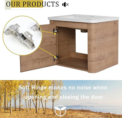 Goujxcy 48 Inch Bathroom Vanity with Sink Combo Modern Floating Vanity Cabinet with Ceramic Vessel Sink and Side Storage Shelves, Soft Closing Door Design (Imitative Oak)