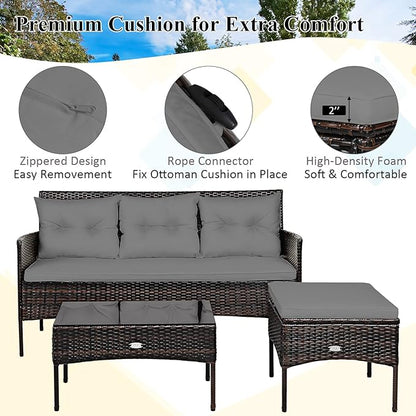 Tangkula 3 Pieces Patio Conversation Set, All Weather Outdoor PE Rattan Wicker Furniture Set with Padded Cushions, Tempered Glass Coffee Table, for Poolside, Backyard, Garden (Gray)