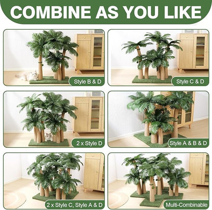 40'' Tall Cat Scratching Post Cat Tree, 3 Curved Design Palm Tree Cat Scratching Post with 8 Interactive Balls, Natural Sisal Rope Cat Scratchers for Indoor Cats, Multi-Combinable (Style D)