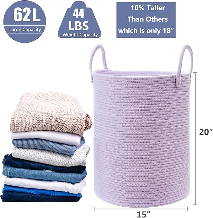 62L Large Purple Hamper Laundry Basket for Nursery Kids Tall Lavender Blanket Basket for Girls Cotton Rope Lilac Clothes Hamper in Bedroom