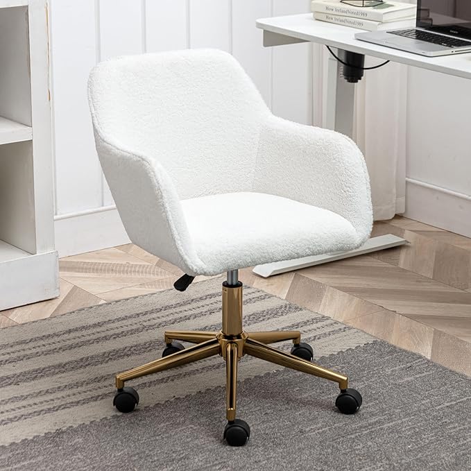 Goujxcy Fluffy Desk Chair, Faux Fur White Vanity Chair Swivel Office Chair for Girls Women, Height Adjustable Cute Teddy Furry Makeup Chairs for Bedroom Home Office