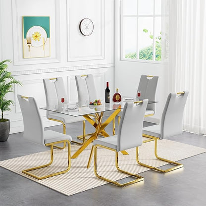 Modern Glass Dining Table Set for 6, Gold Glass Kitchen Table and Chairs Set of 6, 7 Piece Dining Room Table Set with 61" Rectangular Metal Glass Dinner Table and 6 Grey Leather Dining Chairs
