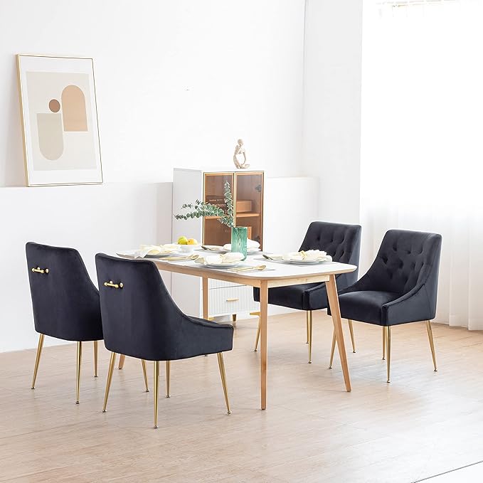 Modern Dining Chairs Set of 2, Mid Century Dining Chairs with 5.12” Cushions and Golden Legs, Velvet Upholstered Chairs with Back Pull Rod, for Kitchen, Living Room (Black)