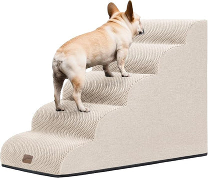 GoGoBunny Ramp Dog Stairs for High Beds 22.6" H, 5-Step Dog Slope Stairs with Durable Waterproof Fabric Cover, Pet Steps for Old Large Dogs Climbing, Non-Slip Sturdy Indoor Step, Beige