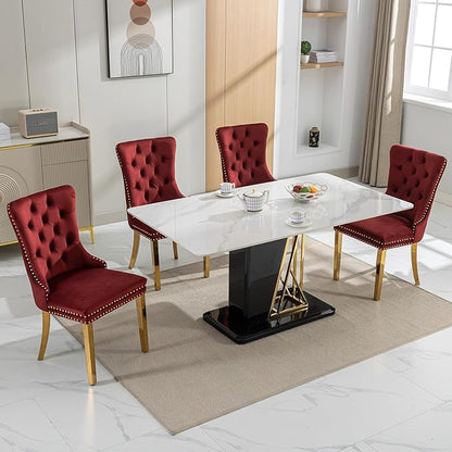 Luxury Upholstered Dining Chairs Set of 4, Red Kitchen Chair with Golden Metal Legs, Velvet Tufted Back Dining Chair, Sillas de Comedor, Modern Kitchen & Dining Room Chairs (Burgundyy, 4 Pcs)
