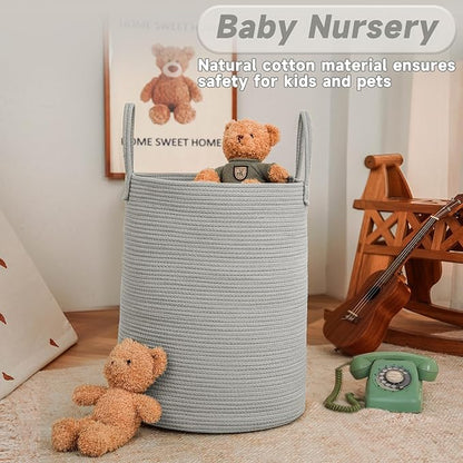Large Woven Laundry Basket Hamper,80L Cotton Rope Storage Bin for Blankets,Toys and Clothes,Decorative Tall Nursery Hamper for Living Room,Baby Nursery,Bathroom and Bedroom,Grey