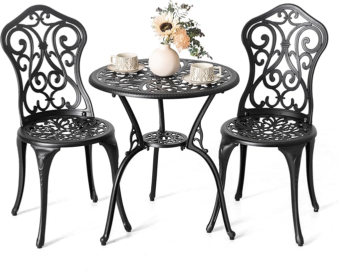 NUU GARDEN 3 Pieces Patio Bistro Set, Outdoor Bistro Set with 2 Chairs, Round Table with Umbrella Hole, All-Weather Outdoor Patio Bistro Set for Garden, Lawn, Poolside, Porch, Black