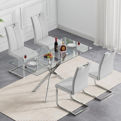SSLine 51'' Silver Glass Dining Table Set for 4,5 Piece Kitchen Table and Chairs Set with Metal Legs and 4 PU Leather Dining Chairs for Kitchen Room Small Spaces