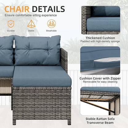 Shintenchi Outdoor Patio Furniture Sets, Wicker Patio sectional Sets 3-Piece, All Weather Wicker Rattan Patio Seating Sofas with Glass Coffee Table and Cushion (Blue Grey)