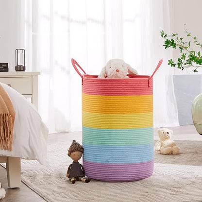 80L Extra Large Rainbow Laundry Hamper Basket for Girls Kids Tall Unicorn Baby Nursery Hamper for Clothes Woven Roper Blanket Toy Basket in Living Room Playroom Bedroom