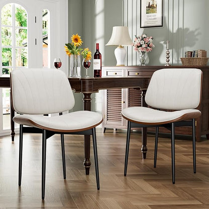 Dining Chairs Set of 2, Dining Room and Kitchen Chairs, Mid Century Modern Accent Chair, Upholstered PU Leather Chairs for Vanity with Walnut Bentwood and Metal Legs, Beige