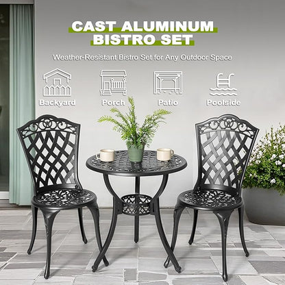 NUU GARDEN 3-Piece Patio Bistro Set Outdoor Cast Aluminum Bistro Table and Chairs Set of 2, Outdoor Patio Bistro Set with Umbrella Hole for Patio Balcony, Black