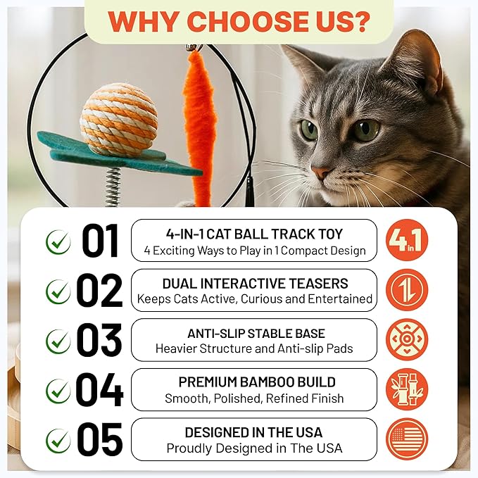 Cat Toy Ball Track with 2 Teasers, 3-Level Cat Ball Tower, 4-in-1 Kitty Toys, 9 Wooden Balls, Worm Wand, Spring Teaser Ball, 2 Glow Balls, Kitten Toy Interactive, Mental Physical Exercise, Medium Size
