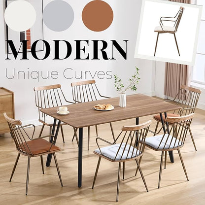 Modern Dining Chairs Set of 2, Upholstered Dining Chairs with Metal Leg, Wood Kitchen Chairs with Fence-Like Back and Curved Arm for Dining Room Kitchen Restaurant Reception (Beige)