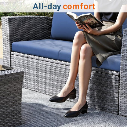 Wisteria Lane 4 Piece Patio Furniture Set, Wicker Outdoor Patio Conversation Furniture Set, All Weather Outdoor Patio Sofa with Cushion and Glass Table, Blue