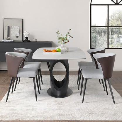 POVISON 63" Modern Dining Table for 4-6 People, Matte White Dining Room Table, Sintered Stone Dinner Tabletop with X-Shape Carbon Steel Pedestal, Rectangle Table for Kitchen Living Room(Table Only)
