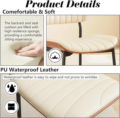 Modern PU Leather Dining Room Chairs Set of 6, Upholstered Kitchen Chairs with Curved Wood Backrest and Metal Legs Adjustable Feet for Kitchen Dining Room(Beige)