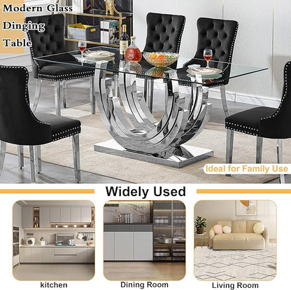Goujxcy 70" Modern Glass Dining Table for 6-8, Luxury Silver Glass Dining Room Table with Mirrored Ring-Shape Stainless Steel Base, Rectangle Kitchen Dinner Tables for Dining Room Kitchen