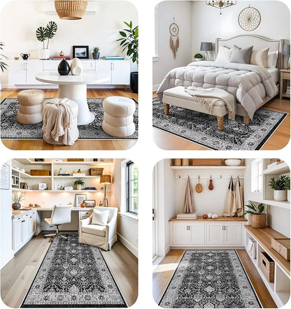 Washable 4x8 Hallway Runner Rug: Vintage 8ft Soft Runners for Entry Living Room Wide Low Pile Carpet with Non-Slip Backing for Kitchen Bedroom Thin Stain Resistant Floor Mat for Dining Room(Black,4x8)