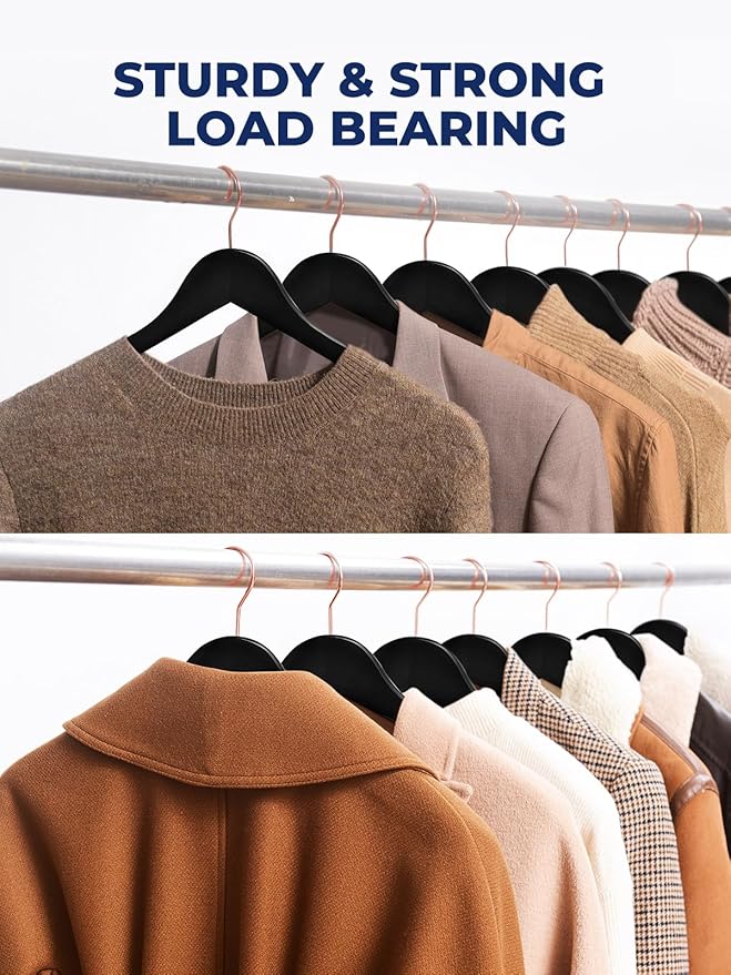 Smartor Wooden Hangers 20 Pack, Solid Wood Coat Hanger for Closet, Heavy Duty Wood Hangers for Suits, Shirts, Dresses, with 360° Rose Gold Hook, Non Slip Pant Bar, Black