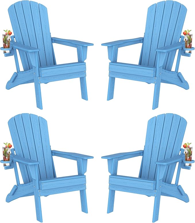 Plawdlik Folding Adirondack Chair Set of 4 with Cup Holder, SGS Tested, HDPE Heavy All-Weather,Wooden Textured,Backyard Fire Pit, Light Blue