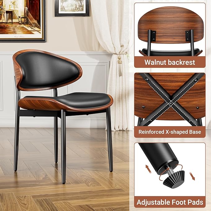 Dining Chairs Set of 4, Dining Room and Kitchen Chairs, Mid Century Modern Retro Chair, Upholstered PU Leather Chairs for Vanity with Walnut Bentwood and Metal Legs (Black)