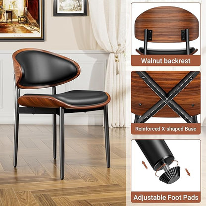Dining Chairs Set of 6, Dining Room and Kitchen Chairs, Mid Century Modern Retro Chair, Upholstered PU Leather Chairs for Vanity with Walnut Bentwood and Metal Legs (Black)