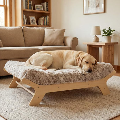 Elevated Wood Dog Bed Frame Mat Set, WoodPattern, X-Large | Raised Sturdy Attractive Dog Sofa Couch Furniture, 110 lb