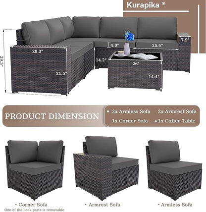 Kurapika 6 Pieces Patio Furniture Set, Rattan Outdoor Conversation Sets w/4 Inch Cushion and Glass Coffee Table(Grey)
