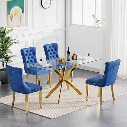 Goujxcy 5 Piece Glass Dining Table Set Modern Glass Dining Table Set for 4, 51" Rectangular Kitchen Table and 4 Velvet Upholstered Chairs for Kitchen Dining Room, Gold Table & Blue Chair