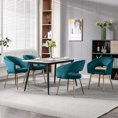Modern Velvet Dining Chairs Set of 2, Upholstered Gold Dining Chairs with Hollow Back, Dining Room Chairs with Gold Legs, Accent Armrest Kitchen Chairs for Living Room Reception Teal Blue
