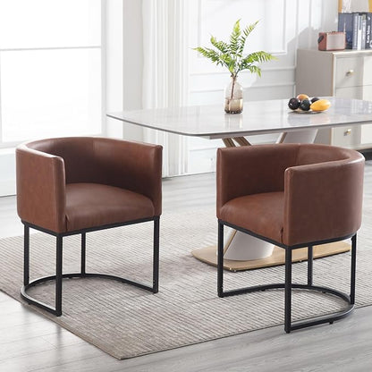 Faux Leather Dining Chair Modern Barrel Arm Chairs with Black Metal Frame, Upholstered Kitchen Chairs 18.5" Wide Accent Chair for Living Room Dining Room Restaurant, Brown