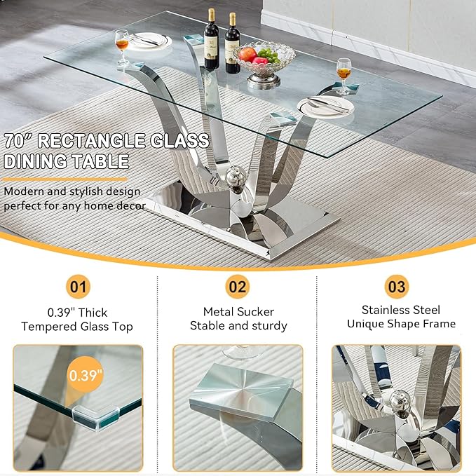 70" Modern Silver Glass Dining Table Set for 6, 7-Piece Rectangle Kitchen Dining Room Table Set with Steel Base & 6 Beige Velvet Upholstered Chairs, Modern Glass Kitchen Table and Chairs Set of 6