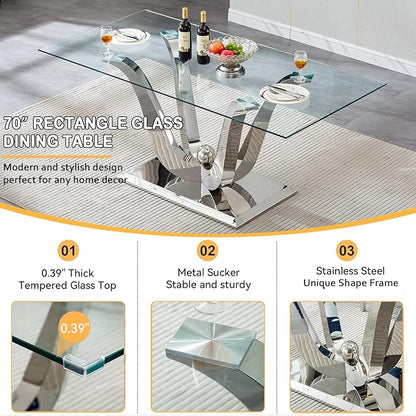 70" Modern Silver Glass Dining Table Set for 6, 7-Piece Rectangle Kitchen Dining Room Table Set with Steel Base & 6 Beige Velvet Upholstered Chairs, Modern Glass Kitchen Table and Chairs Set of 6