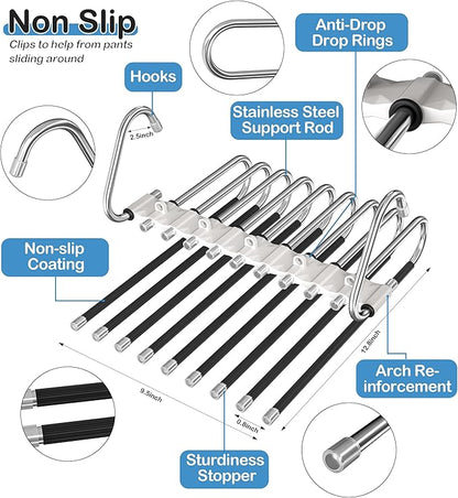 Upgrade Pant Hangers Space Saving, Non Slip Stainless Steel Multifunctional Pants Rack S-Type Clothes Pant Closet Hanger Organizer with Hooks for Pants Jeans Trousers Scarf Skirts (Pure White, 4 Pack)