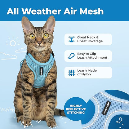 Voyager Escape Proof Cat Harness and Leash Set with Reflective Stitching, Neoprene Handle 5ft - Supports Small, Medium and Large Cats, Kittens for Walking by Best Pet Supplies - Baby Blue, S