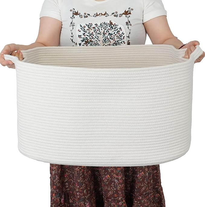 Large Rectangle Blankets Basket Living Room 22"x17"x12" Woven Cotton Rope Storage Baskets for Nursery Toy Baskets for Kids and Dogs Wicker Laundry Basket Bin for Clothes Towels white