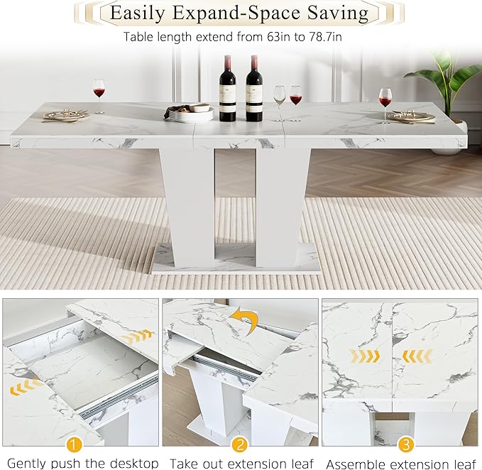 7-Piece Extendable Dining Table Set for 6-8 People 63-78 Inch Kitchen Table Set with 6 Beige Upholstered Chairs Modern White Faux Marble Rectangular Dining Room Table Set for Kitchen Apartment