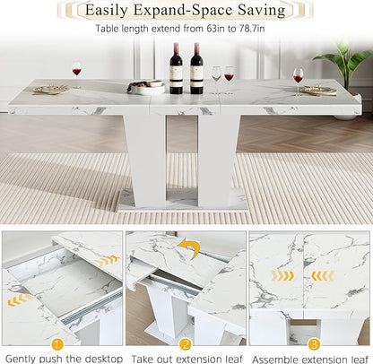 7-Piece Extendable Dining Table Set for 6-8 People 63-78 Inch Kitchen Table Set with 6 Black Upholstered Chairs Modern White Faux Marble Rectangular Dining Room Table Set for Kitchen Apartment