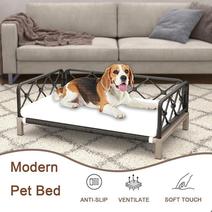 Dog Couch, 2-in-1 Dog Sofa Bed with Woven Rattan Black Wicker Frame, Indoor/Outdoor Durable Pet Sofa with Removable Plush White Cushion for Kitty, Puppy, Small Animal