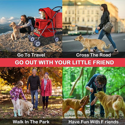 4 Wheels Pet Stroller Waterproof,Travel Stroller for Small Medium Dogs & Cats,Easy Fold with Removable Liner,Storage Basket,Red