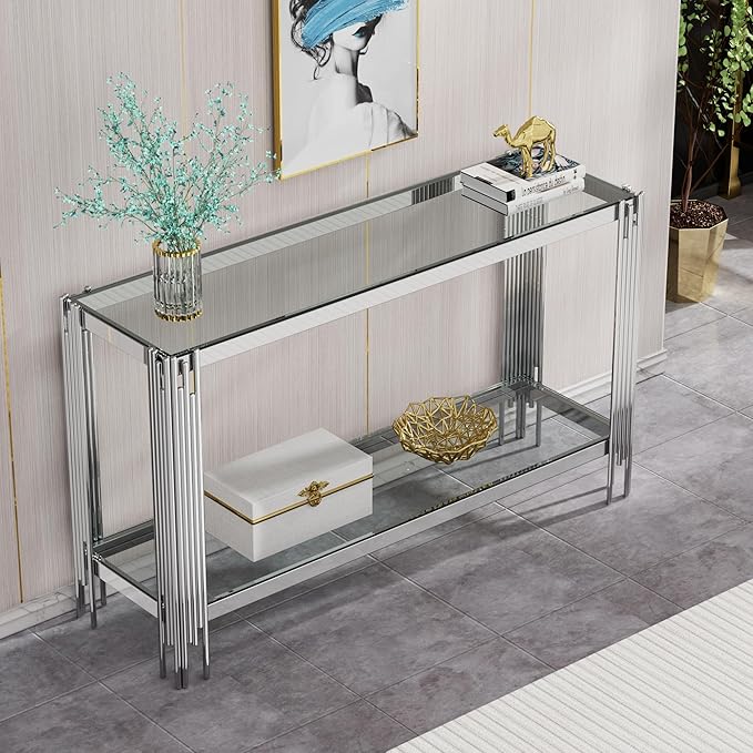 Goujxcy Modern Glass Console Table 55" Silver Entryway Table with Tempered Glass Top and Mirror Stainless Steel Legs,Luxury Rectangular Sofa Table for Living Room Hallway Corridor Table (Silver)